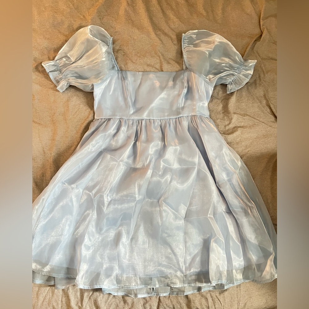 Elegant Blue Puff Sleeve Mini Dress